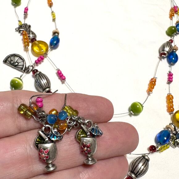 Chicos Beaded Charm Necklace & Earrings Set Cocktail Party Fruit Theme 3 Strand - Picture 2 of 8